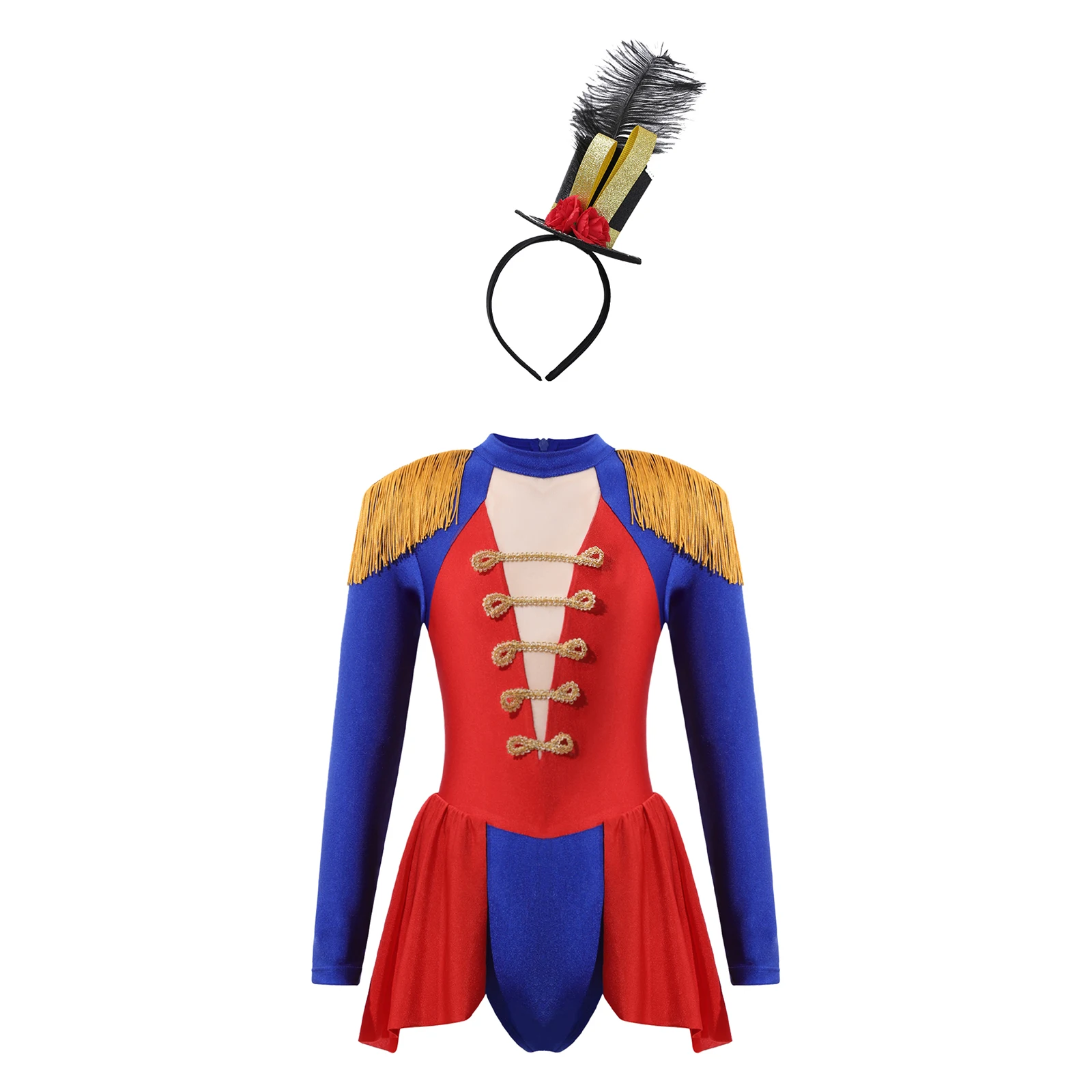 

2023 Halloween Kids Girls Ringmaster Circus Cosplay Costume Set Long Sleeve Bodysuit with Mini Top Hat Feather Headband Dress Up