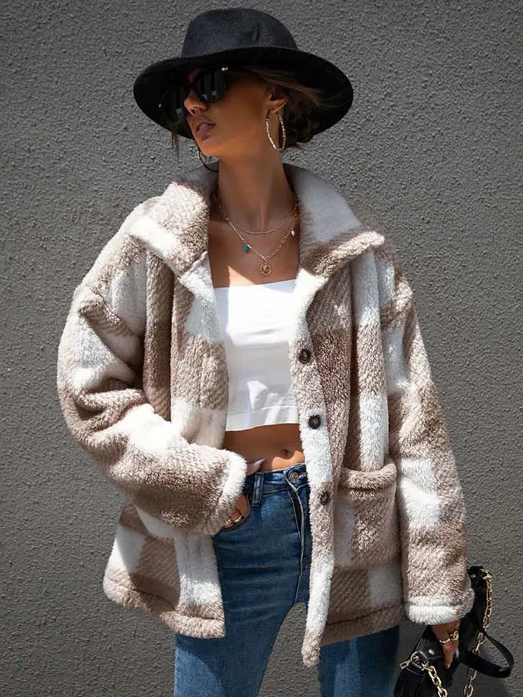 

Autumn Plaid Faux Fur Coat Women Checkered Winter Coat Jacket Women Thick Warm Furry Fluffy Teddy Jacket Plush Coat Ladies