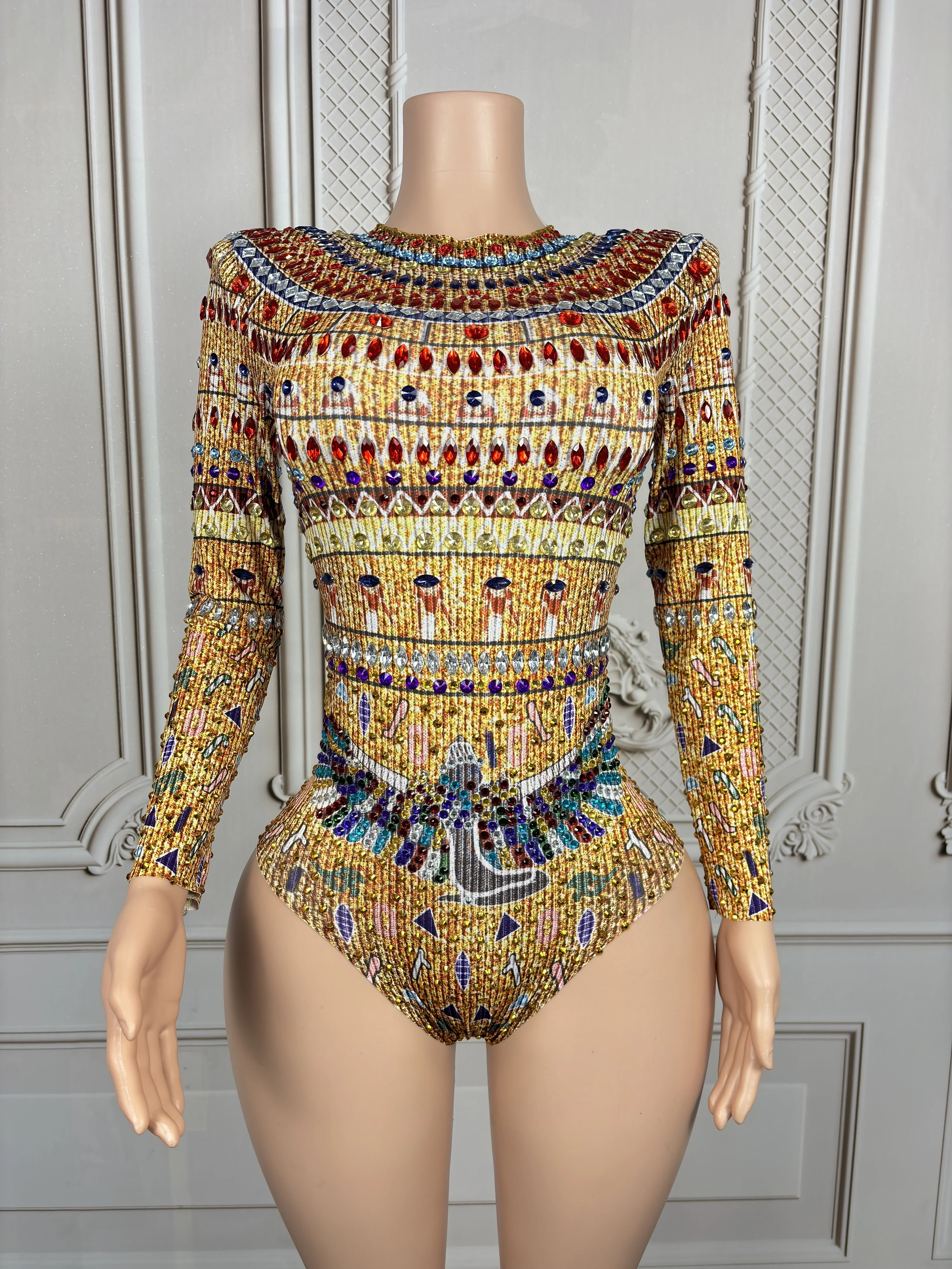 Секс-женский блестящий многоцветный комбинезон со стразами и длинными рукавами