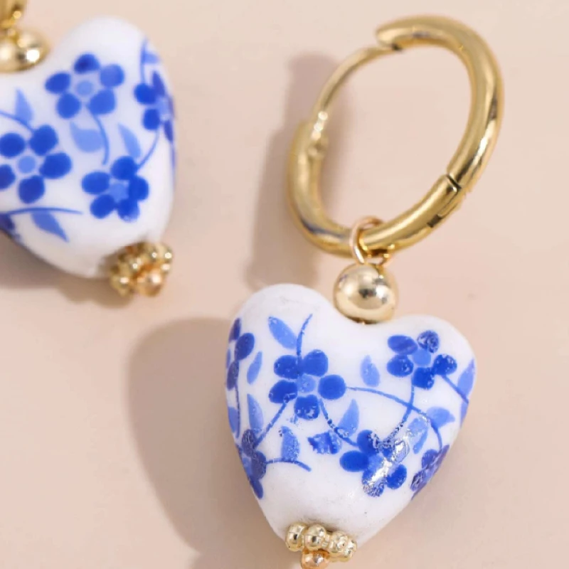 para damskich nowych chińskich ceramicznych niebieskich kolczyków w stylu retro