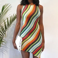 2021 new sexy dress club fashion slim sleeveless round neck striped striped dress women 2021 halter tight knit retro dress party