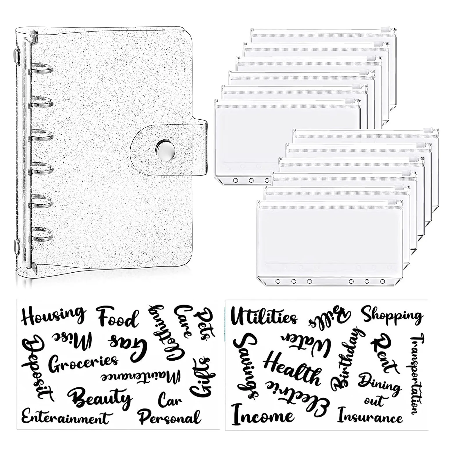 A7 Soft PVC 6-Ring Binder Cover with 12 Pieces Mini Binder Pockets and 2 Sheets Cash Envelope Sticker for Saving Budget Planner