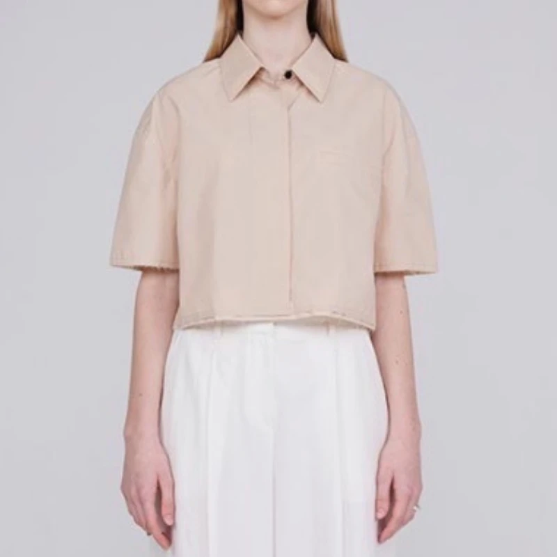 

2023 Spring and Summer New Women Small Lapel and Raw Edge Short Short-sleeved Shirt