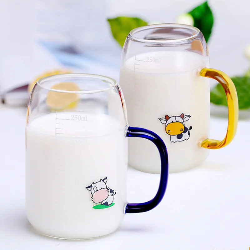 

250ml Children's Scale Milk Cup Cartoon Cup with Scale Household Heat-resistant Glass Cup with Handle Student Breakfast Cup