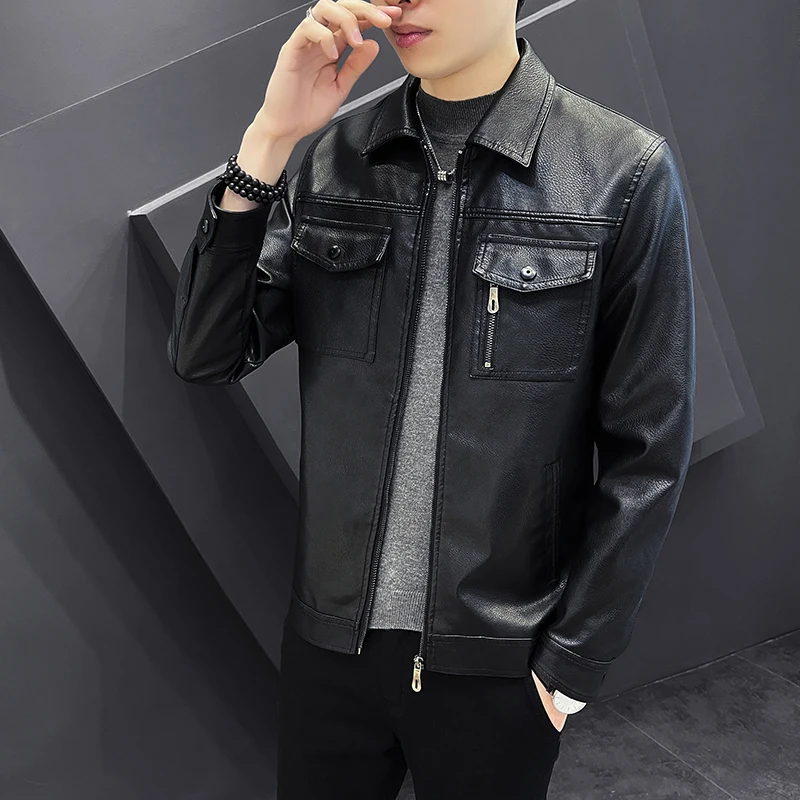 

Lapel Leather Coat Men's Pocket Motorcycle Suit Retro Short Style Youth Leisure Flight Leather Jacket Spring and Autumn Coat 5XL