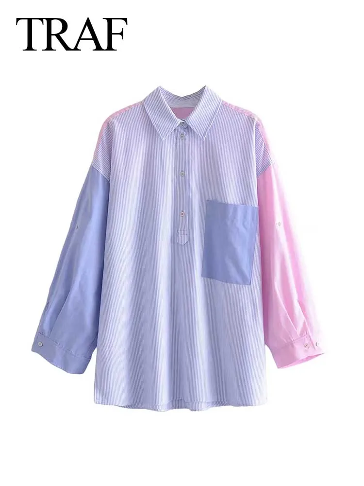 

TRAF Women's Patchwork Shirts Long Sleeve Pockets Lapel Button Tops Ladies Casual Loose Tops Everyday Street Office Wear Top