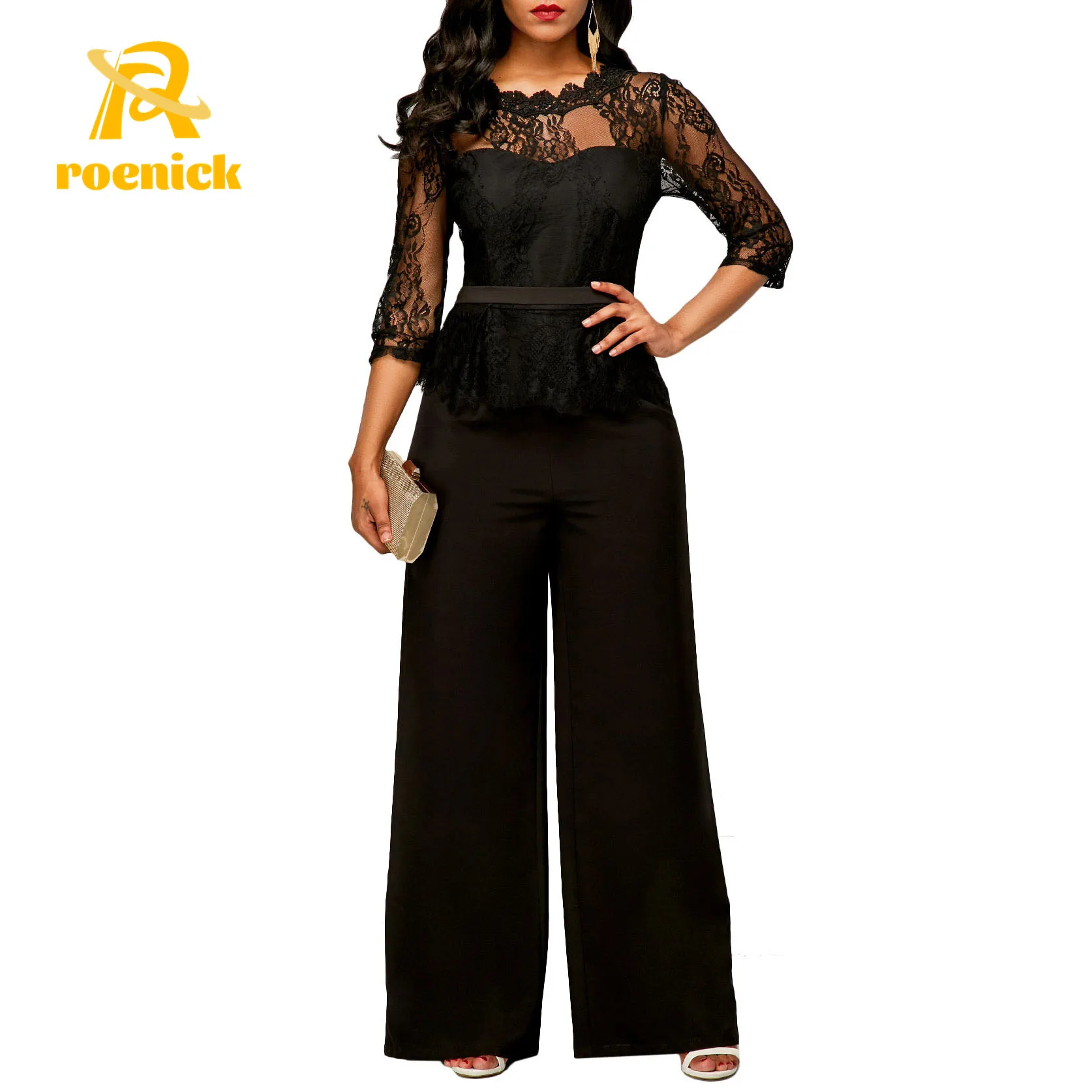 

ROENICK Women Sexy O-neck Lace Waist Jumpsuits Party Loose Wide Leg Pants Overalls Casual Solid Red Elegant Straight Rompers