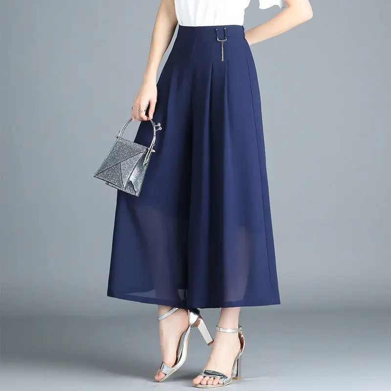 

2022 Summer Women's Clothing Elastic Waist Wide Legs Pant Female Loose Skirt Pants Ladies Chiffon Solid Trousers T85