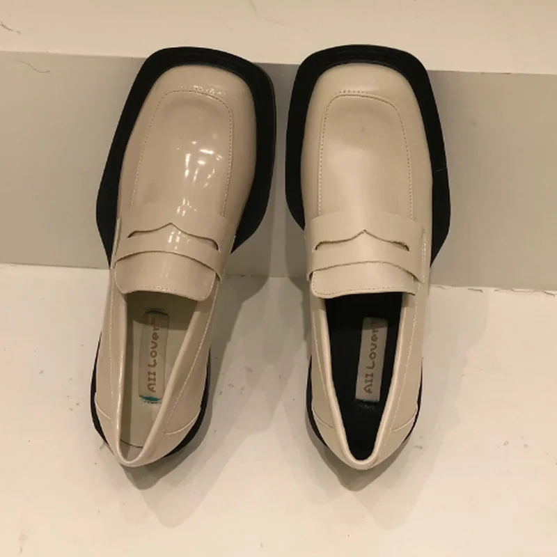 

Women's Shoes Brand Design British Style Chunky Heel Platform Loafers Women 2022 Patent Leather Square Toe Shoes Women