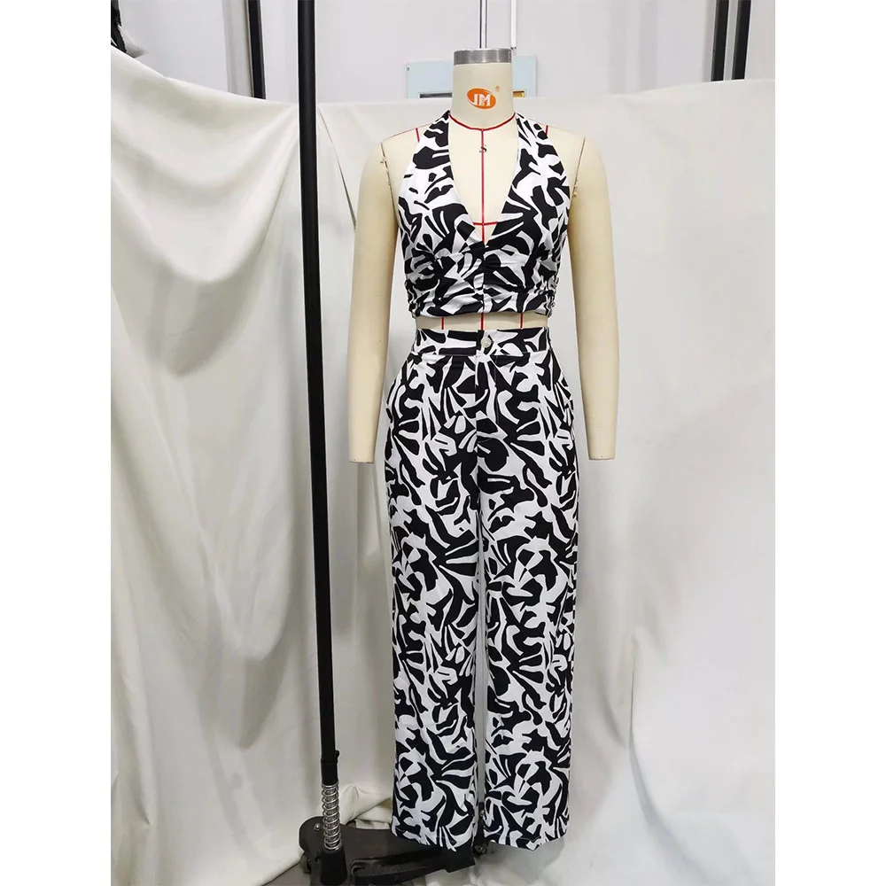 

2022 women's summer hot style black and white printing suit European and American style hanging neck tie temperament high waist