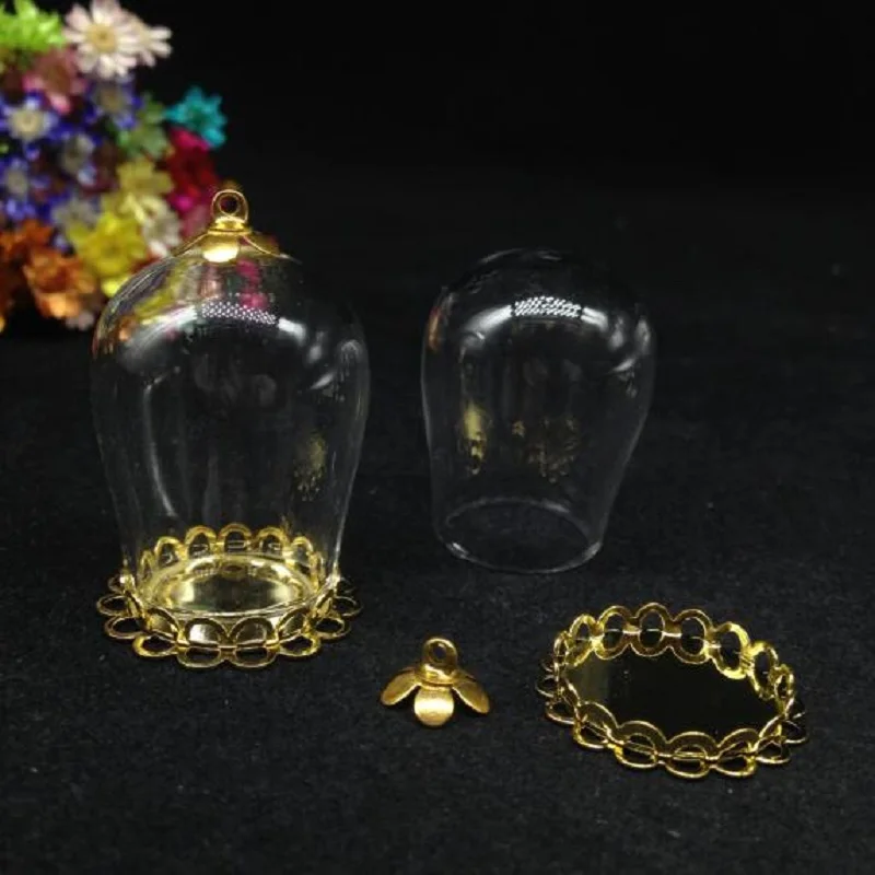 

300sets/lot 30*18mm bell jar arch oval shape glass glob lace tray cap glass wish bottle necklace pendant glass vials diy jewelry