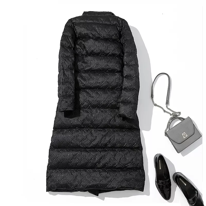 Winter Women Double Sided Feather Long Jackets 90% White Duck Down Coat Puffer Warm Plaid Parkas Snow Outwear