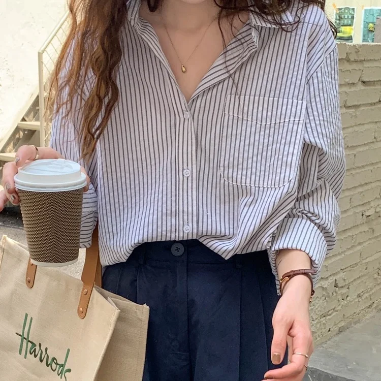 

Korean Version Striped Simple Casual Loose Long Sleeve Sunscreen Shirt Top 45217