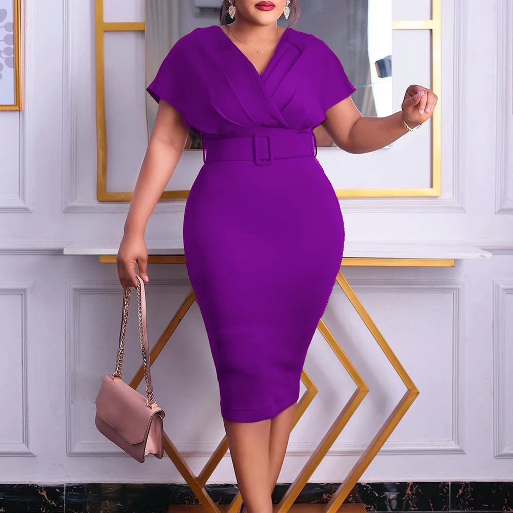 

Elegant Office Wear Dresses for Women 2022 Short Sleeve V Neck High Waisted Luxury Formal Business Work Wear Dress Midi Clothes