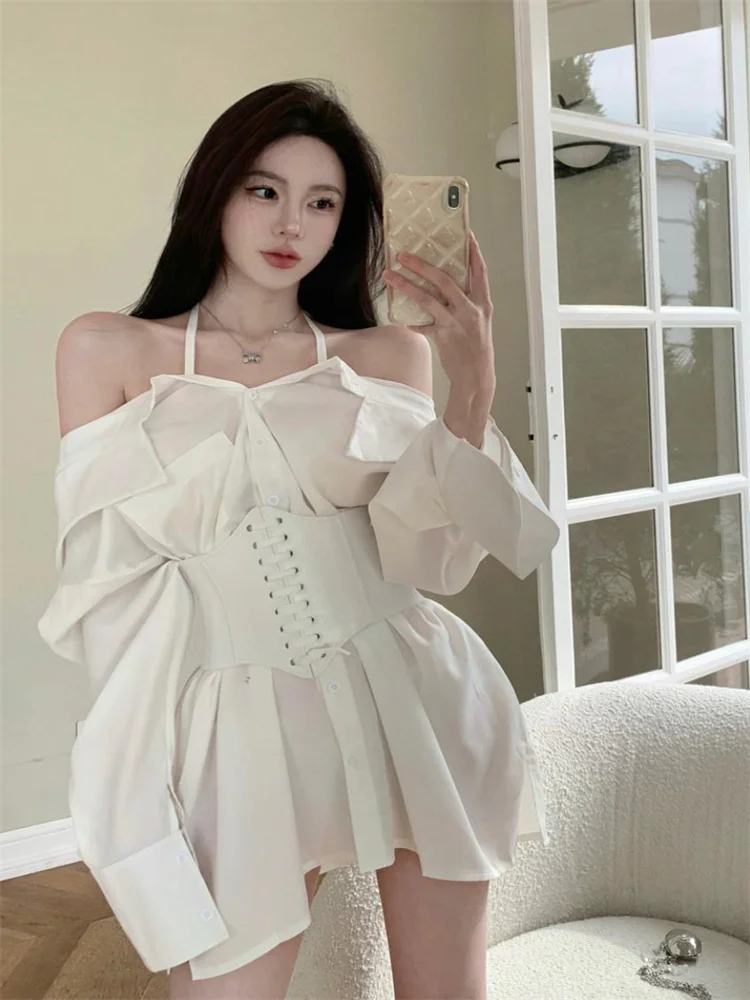 

Женское платье-рубашка с поясом, повседневное белое платье с длинным рукавом, короткое платье в офисном стиле, весна-лето 2023