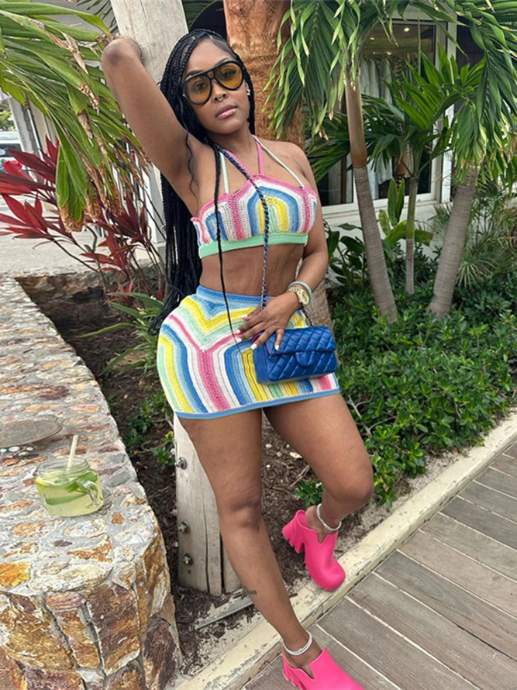 

XIZOU Rainbow Color Two Piece Set Women Outfits 2023 Fashion Knitted Halter Crop Tops + Mini Skirt Female Beachwear Matching Set