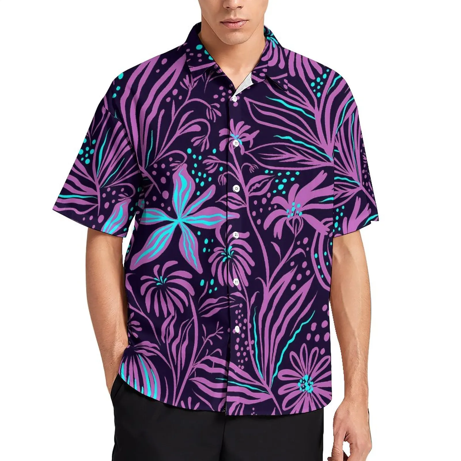 

Retro Floral Art Loose Shirt Male Vacation Black and Purple Casual Shirts Hawaii Pattern Short-Sleeve Trending Oversized Blouses