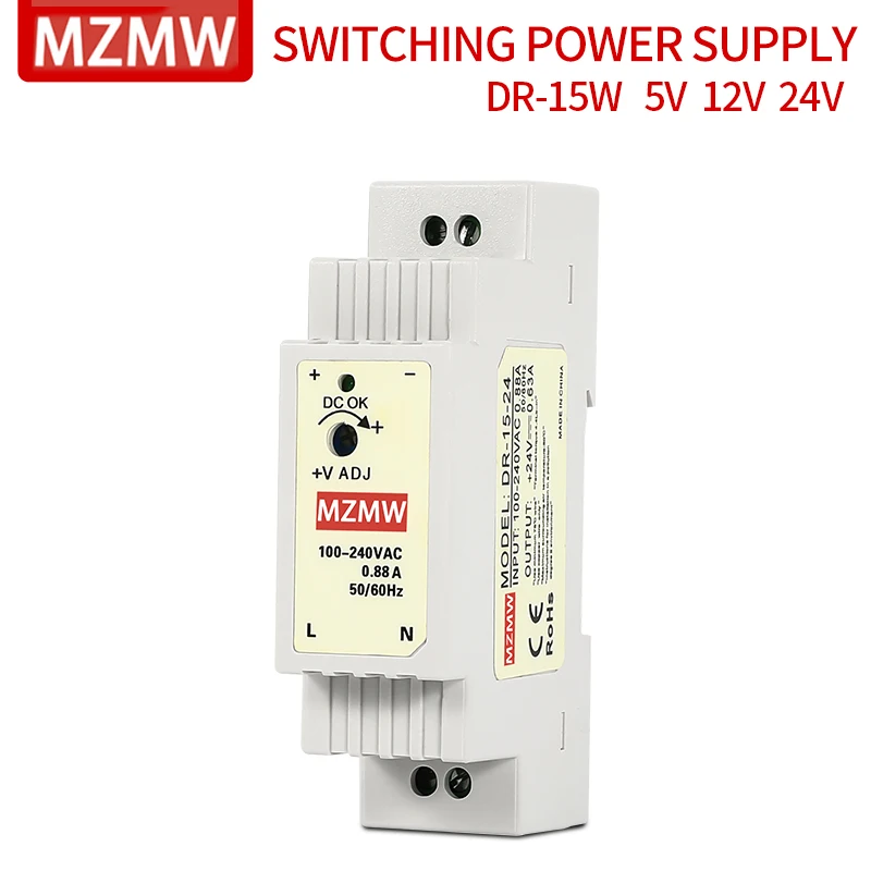 

Промышленный источник питания MZMW DR15 на DIN-рейке, импульсный источник питания с одним выходом DR-15-24 DR-15-12 Светодиодный светодиодного освещени...