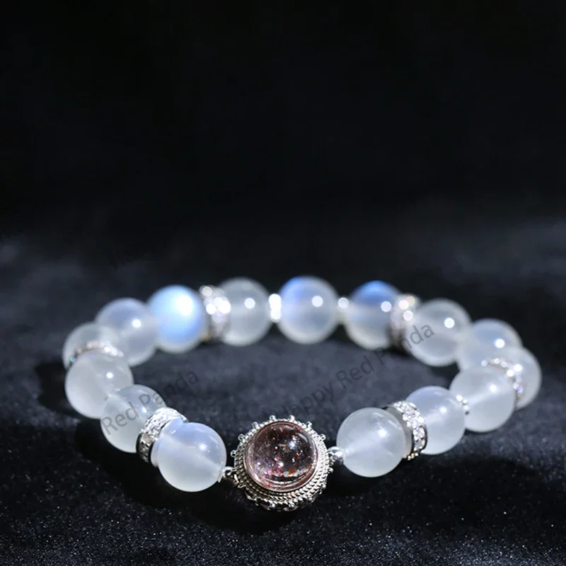 Браслет из натурального золота Fanta с клубничным кристаллом и лунным камнем