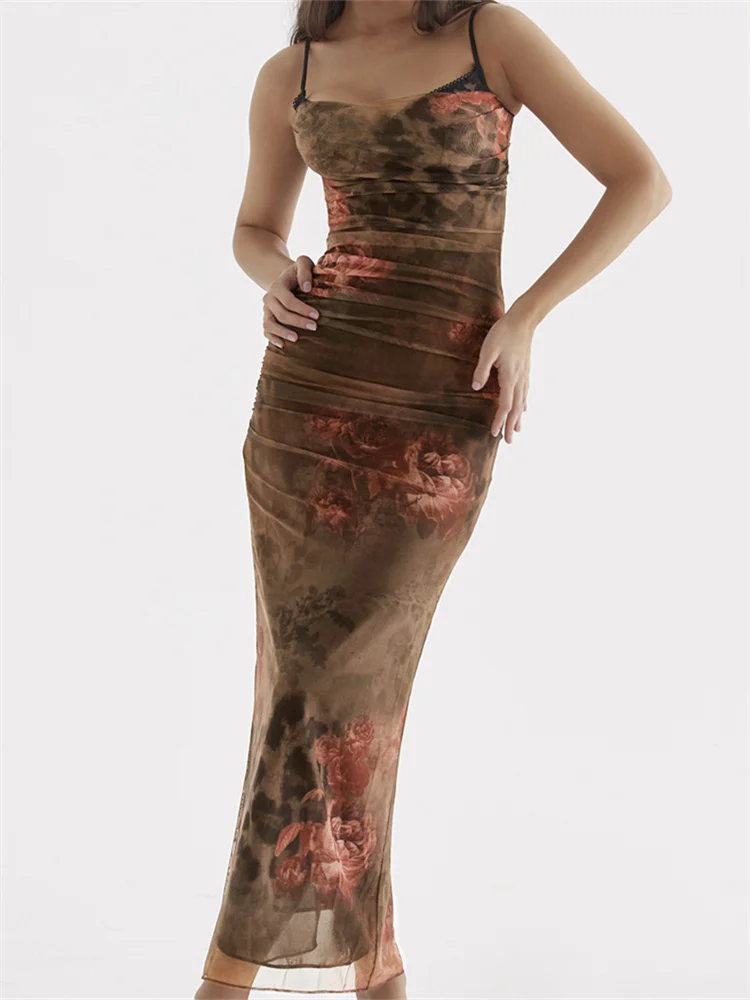 

Винтажное платье CHRONSTYLE для женщин 2023, Сетчатое лоскутное длинное платье на бретелях-спагетти с цветочным принтом и открытой спиной, Женская Клубная одежда, платья