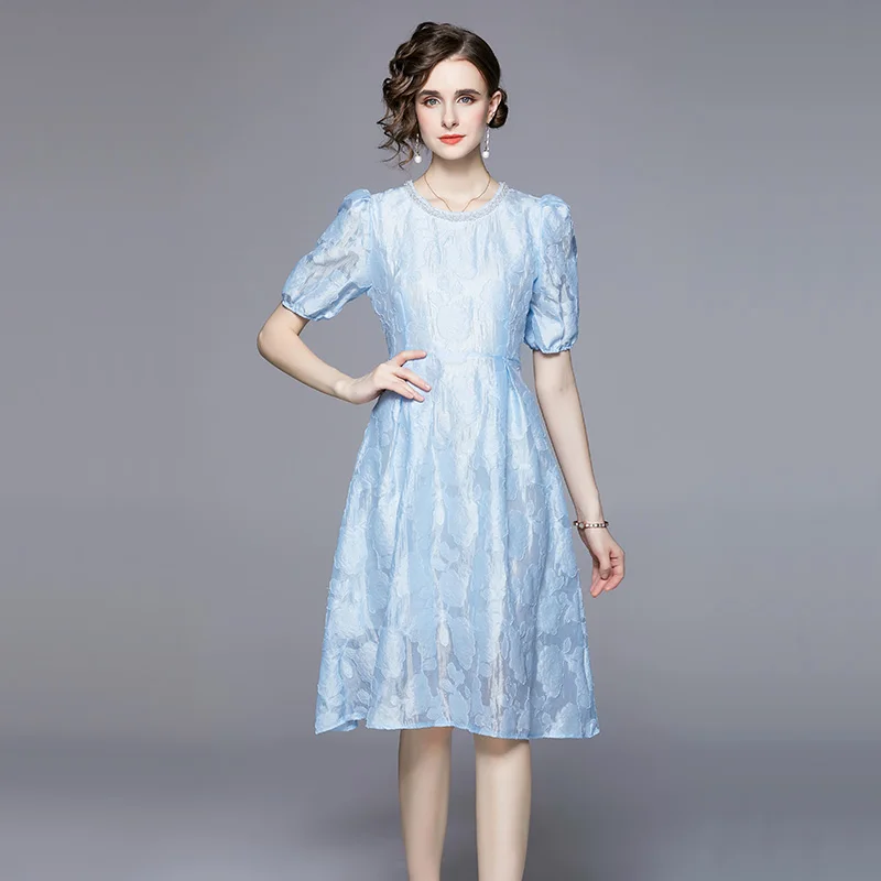 

Женское жаккардовое платье с буфами на рукавах, синее вечерние тажное праздничное платье до колена с цветочным принтом, бусинами и круглым вырезом, Новинка лета
