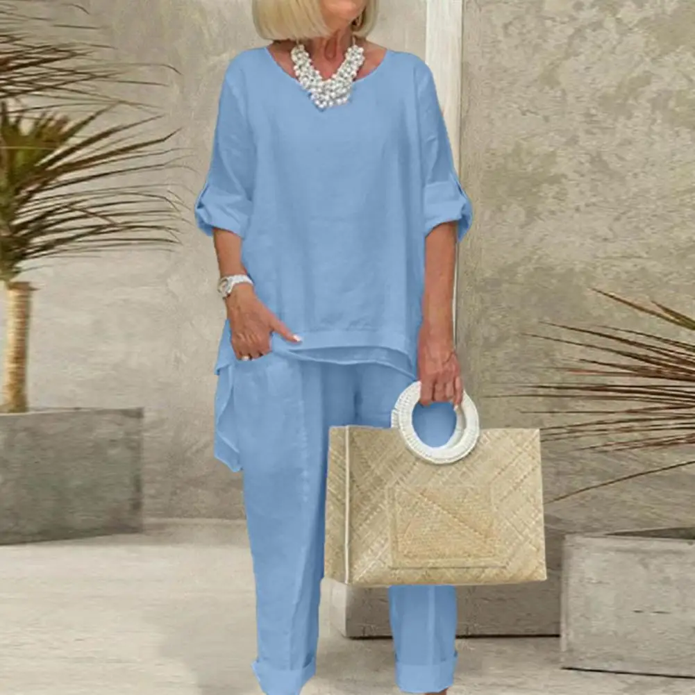 

Simple Women Top Pants Set Elastic Waist Breathable Women Long Pants Top Pants Casual Loose Suits Two Pieces Set