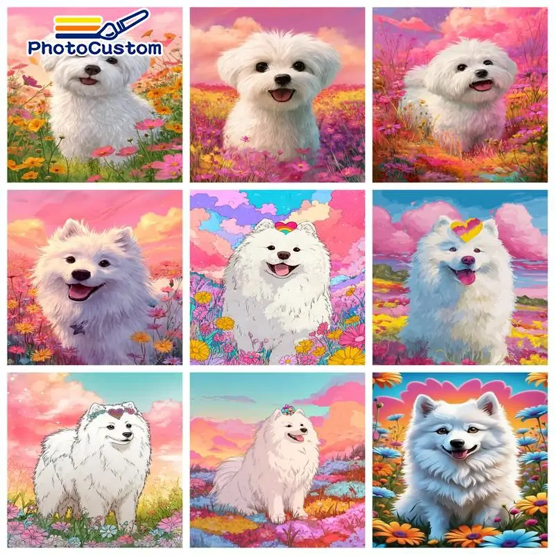 Фото Набор для рисования по номерам PhotoCustom: Белая собака, акриловая живопись на холсте, декор, наборы для творчества своими руками №1