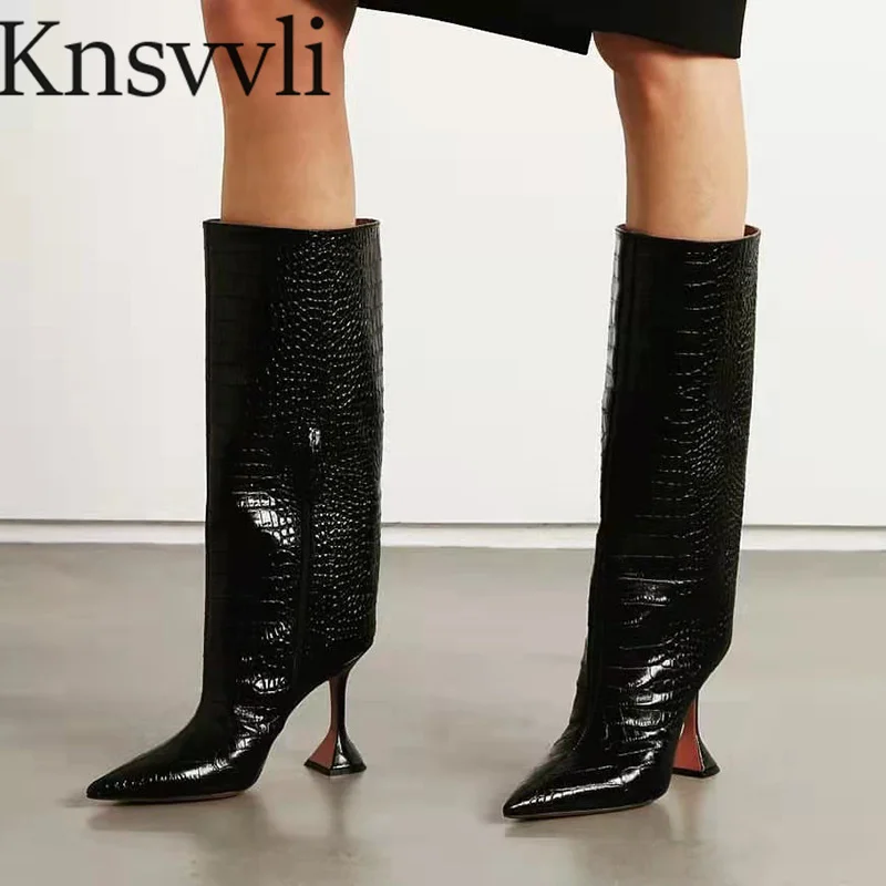 

Modern Boots Women Western Crocodile Skin Strange Style Heels Boots Knee-High Slip-On Fashion Occasion High Boots Woman