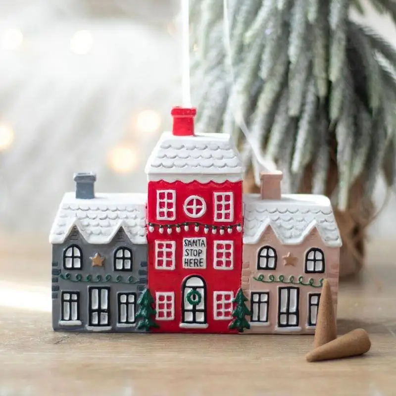 

Christmas House Incense Burner Realistic Incense Holder Multifunctional Resin SnowRoof Village House For Desktop Ornament Supply
