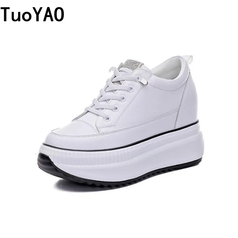 

Spring Women Platform Leather White Comfortable Sneakers 8CM Wedge Sneakers Hidden Heel Mesh Breathable Female Casual Shoes New