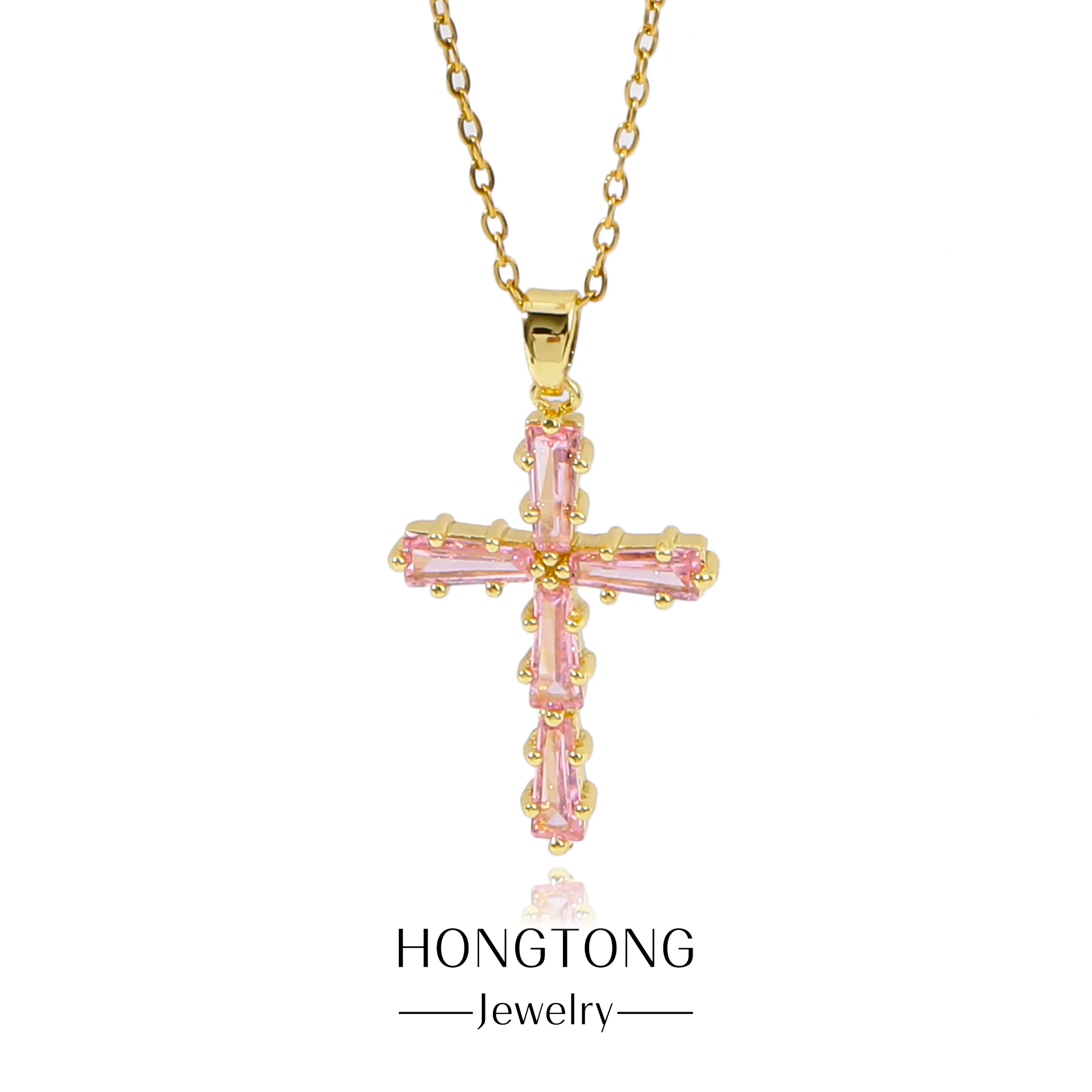 

HONGTONG Religious Charm Pink Jewelry Faith Pendant Necklace Fashion Women's Stainless Steel Exquisite Jesus Cross Statue Gift