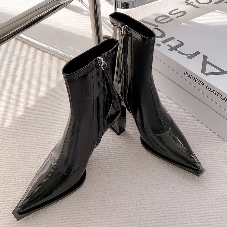 

Pointed Toe Black Leather Women Chelsea Boots Side Zipper Short Autumn Botas 7cm High Heels Winter Sock Botines Femmes Creepers