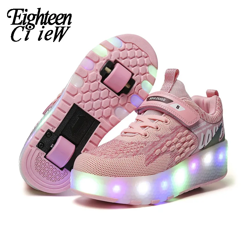 

Детские светящиеся кроссовки, сетчатые дышащие, с двумя колесами, зарядка через USB, для девочек, розовые, размеры 28-40