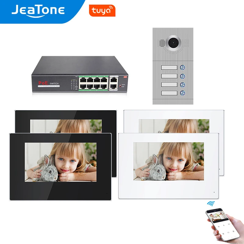 Jeatone WiFi Video Intercom In Private House 7''Touch Screen with 1.0MP Doorbell Camerafor 4Separate Apartments 4Port POE Switch