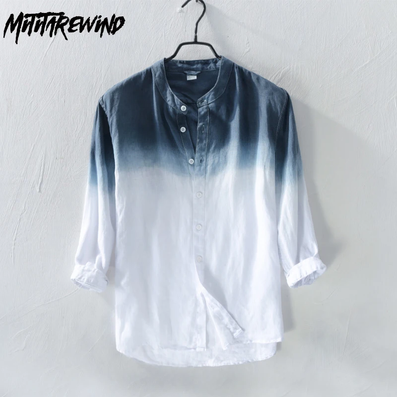 

Рубашка мужская с градиентным переходом цвета, повседневная сорочка в японском стиле, дизайнерская Модная молодежная рубашка из чистого льна с рукавом три четверти