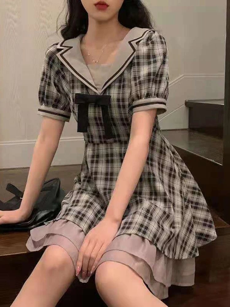 

HOUZHOU Plaid Mini Dress Women 2022 Summer Kawaii Lolita Dress Bow Ruffles Patchwork Preppy Style Puff Sleeve Sweet Sundress