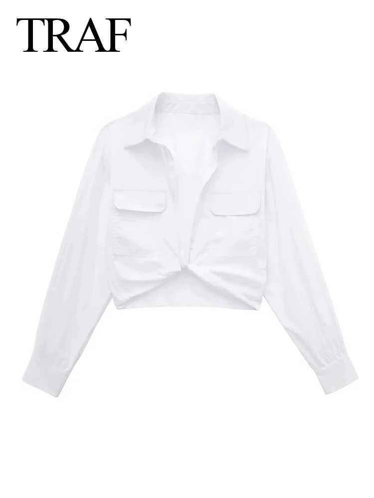 

Модная однотонная белая женская рубашка TRAF 2022, пуловер с карманами, отложным воротником и перекрестным низом