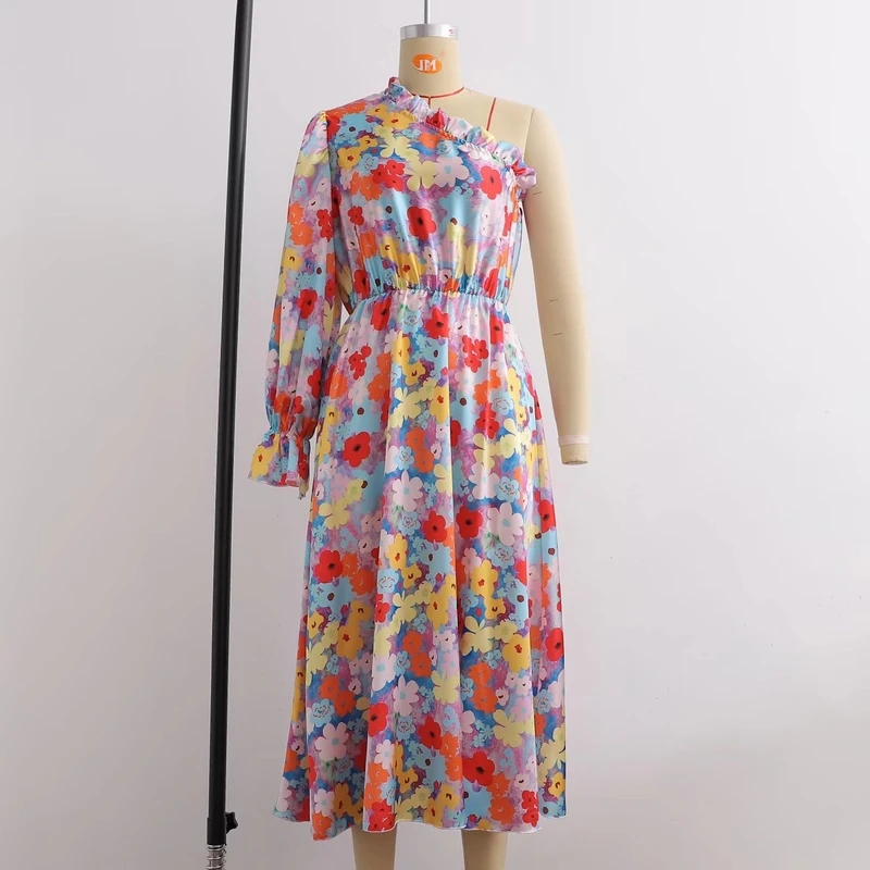 

Женское платье с цветочным принтом, платье до середины икры с одним плечом и оборками, лето 2022