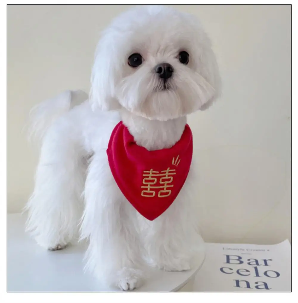 

Hot Sale Chinese Red Lunar Happy Chinese New Year Embroidered Word Pet Collar Triangle Scarf Dog Cat Saliva Scarf Adjustable Bib