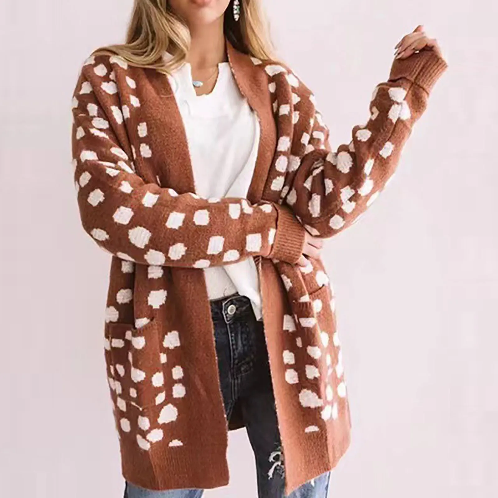 

Women'S Long Sleeve Sweater Fashionable Irregular Polka Dot Sweater Coat Loose Casual Knitted Large Size Autumn Cardigan