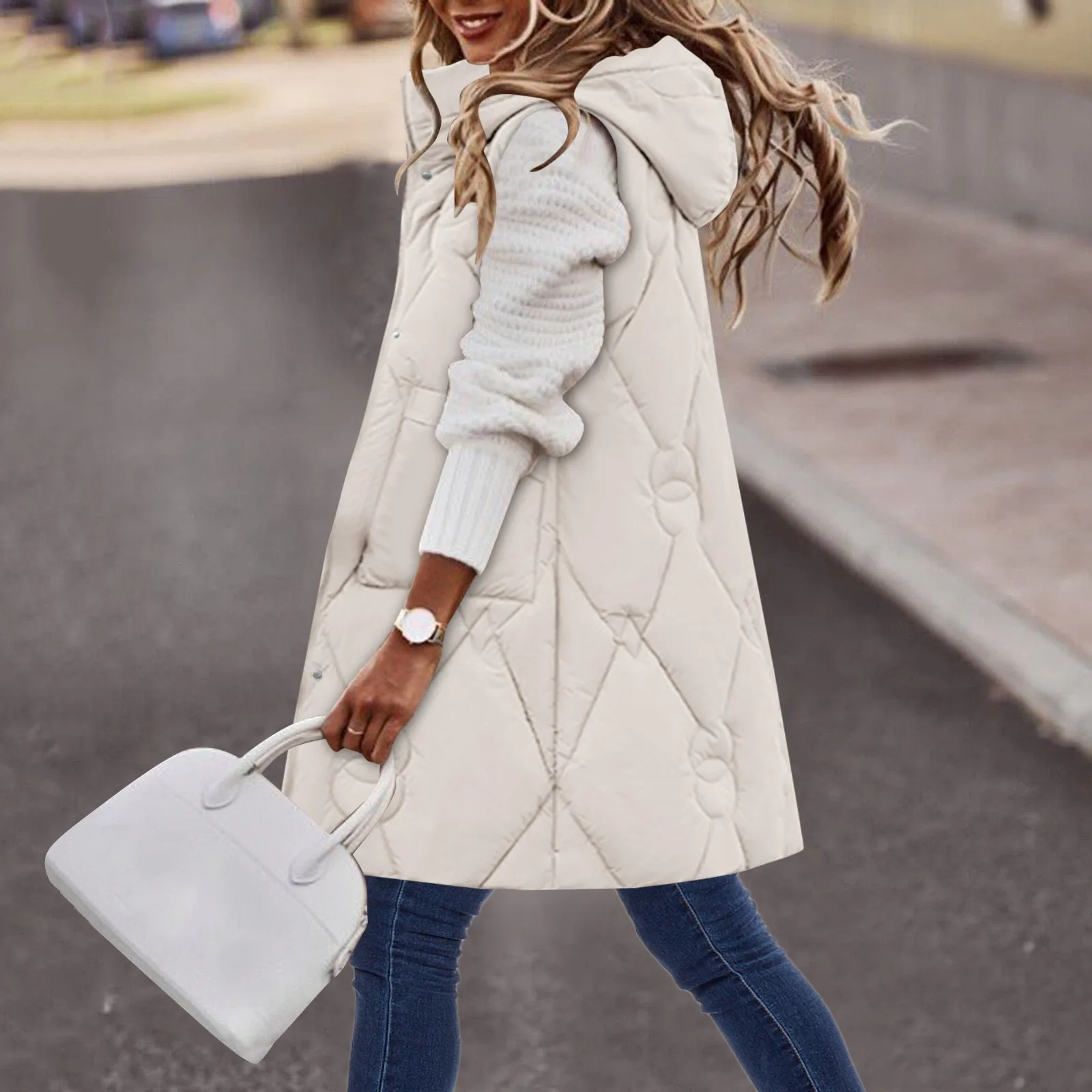 Womens Winter Cotton Down Vest Loose Solid Hooded Jacket Cardigan Medium Long Warm Cotton Jacket Loose Top Warm Outwear