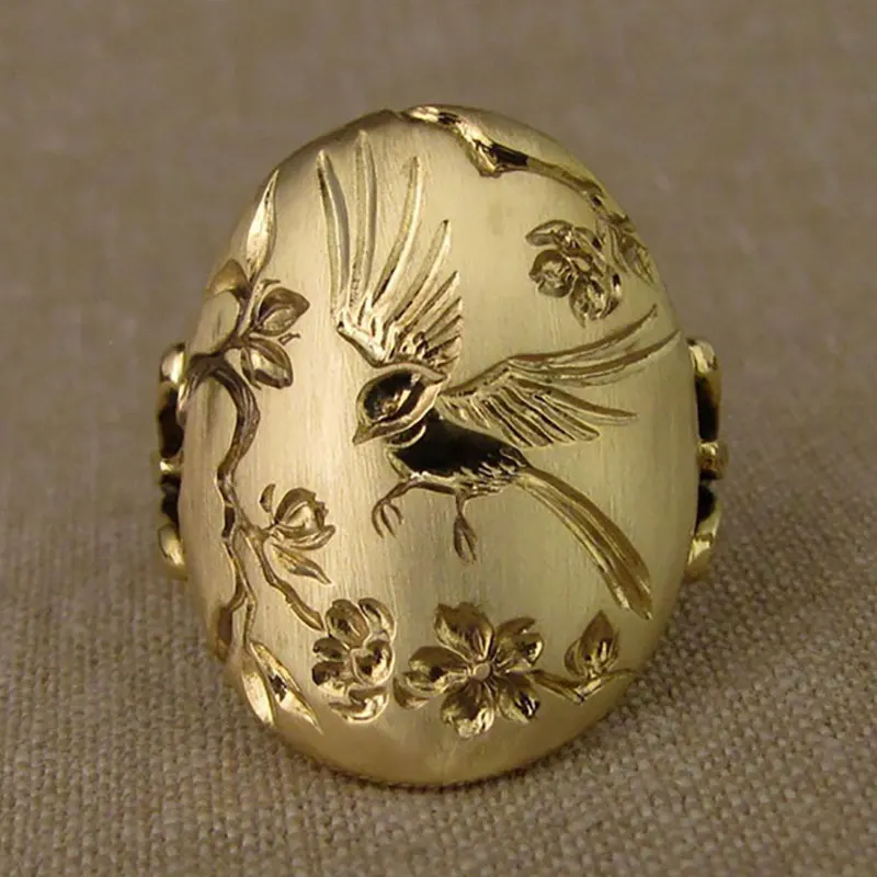 

Vintage Large Exquisite Bird Flower Ring Ladies Gold Engagement Promise Ring Fashion Ladies Wedding Jewelry Gift Wholesale
