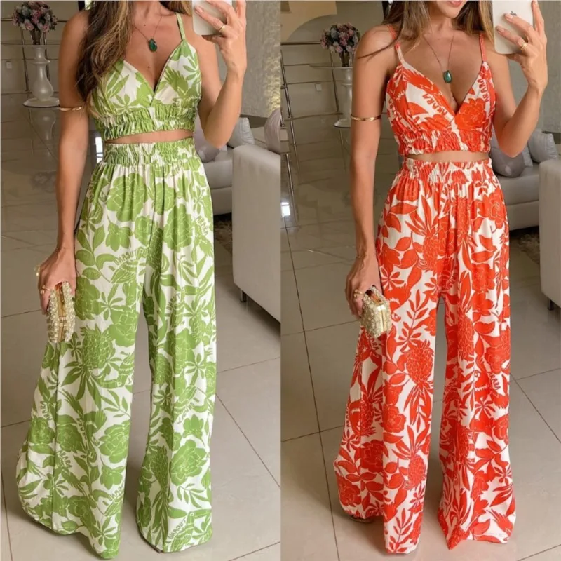 

Strap Vacation Deep V-Neck Printed Tank Top Pants Set Summer Women's Sexy Two Piece Set Party Outfits For Mujer Beach 2023