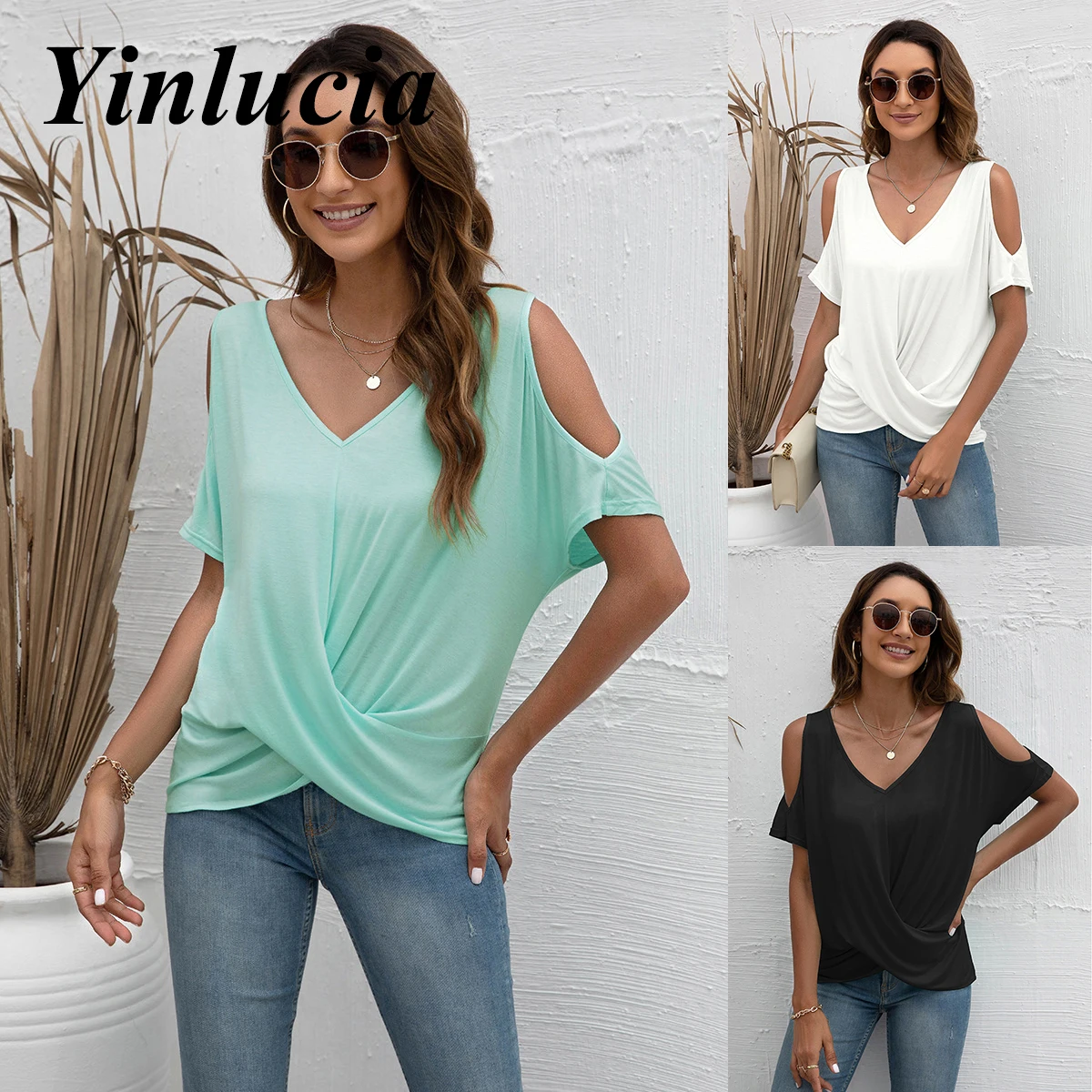 

2022 New Tops Women Blouses V Neck Kink Tee Loose Solid Color Shoulder Cutout T Shirt Casual Street Y2K Vintage Wear Summer