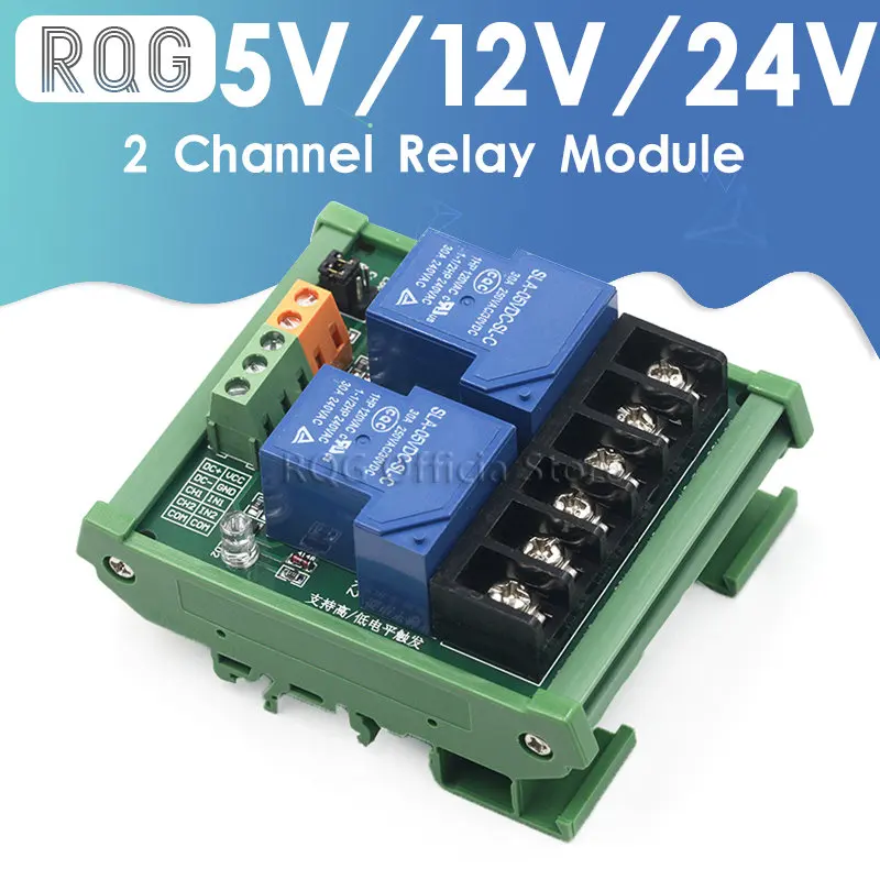 Two 2 Channel Relay Module 30A with Optocoupler Isolation High Low Trigger for Smart Home PLC with Guide Rail 5V 12V 24V