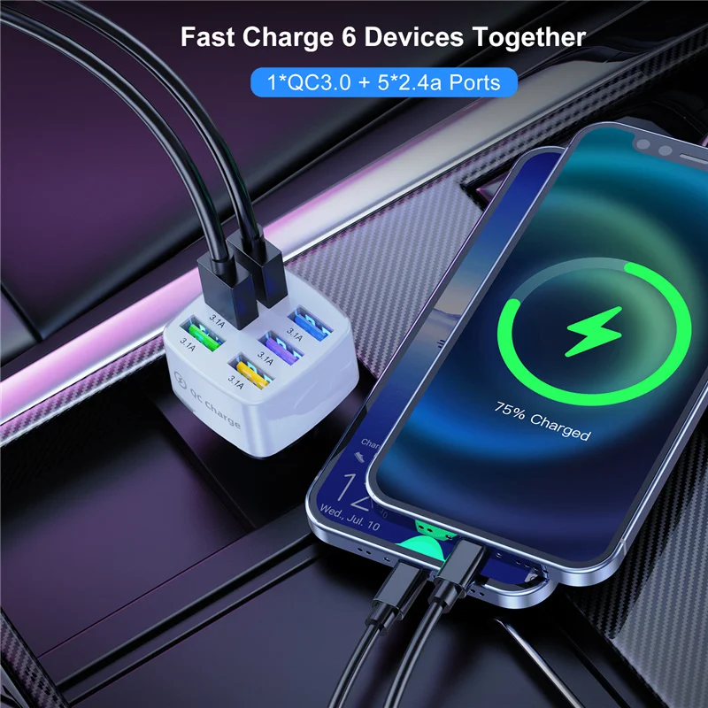 olaf 6 usb car charger 75w fast charging phone adapter in car 15a for iphone 13 12 pro xiaomi huawei samsung car quick charge free global shipping