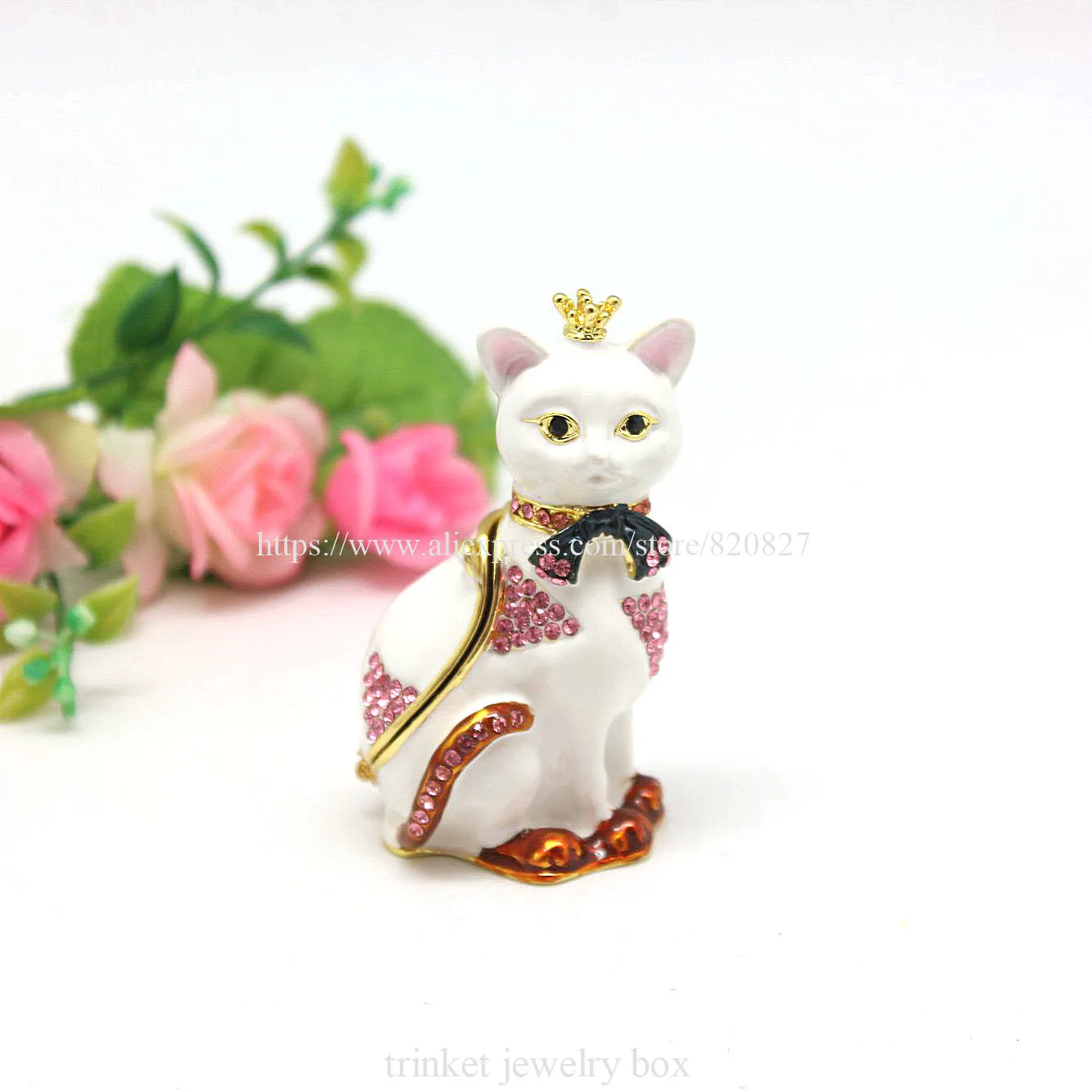 Cat Hinged Jewelry Box with Crystal Stones