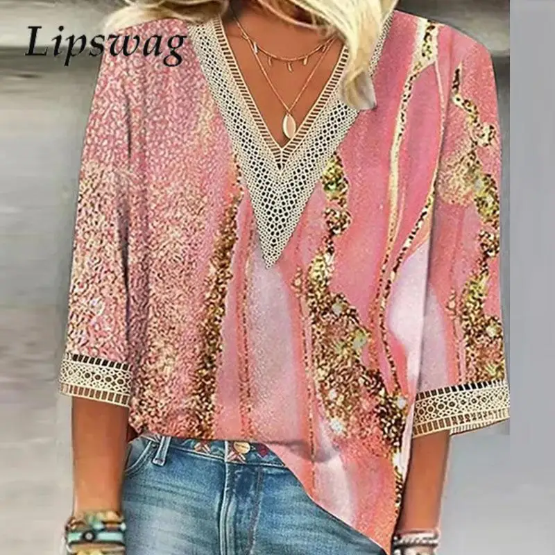 

Elegant Hollow Out V-Neck Blouse Shirts Women Fashion Three Quarter Pullover Tops Lady Summer New Casual Loose Blusa Streetwear