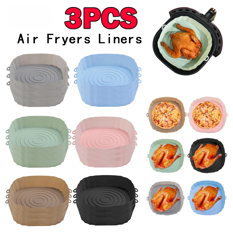 3pcs Silicone Air Fryers Oven Baking Tray Pizza Fried Chicken Airfryer Silicone Basket Reusable Airfryer Pan Liner Accessories