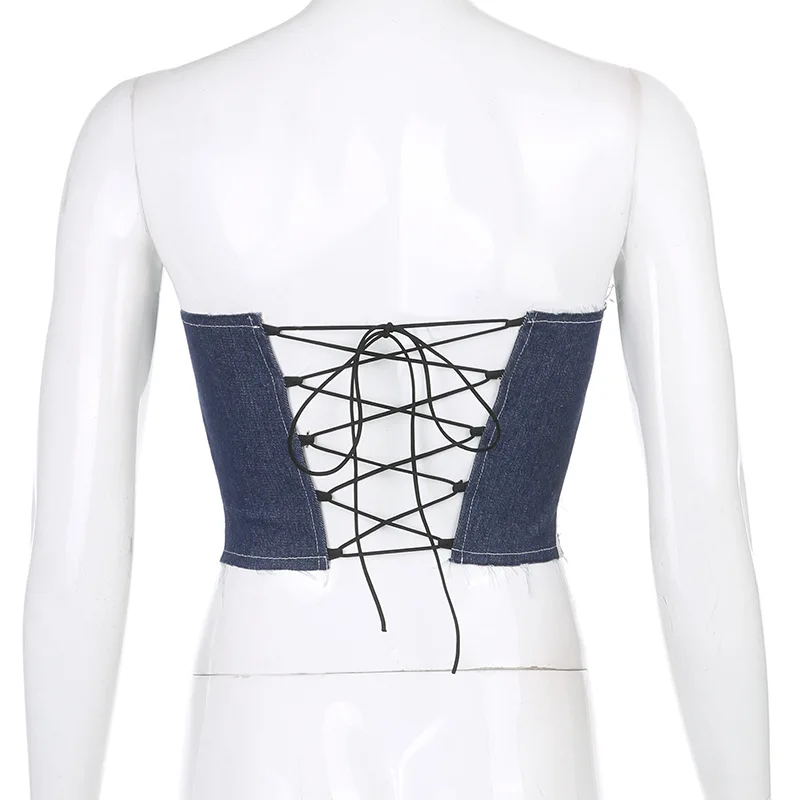 Женский джинсовый топ с открытой спиной синий укороченный облегающий Топ